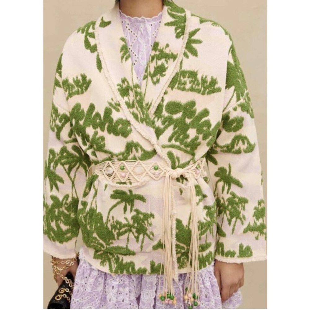 MAJE Imprime Aloha Beige Belted‎ Cardigan Jacket sz 2 SMALL